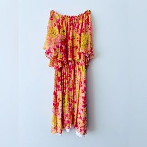 COPY - MaxMara Off Shoulder Floral Ruffle Print Midi Dress Pink Yellow